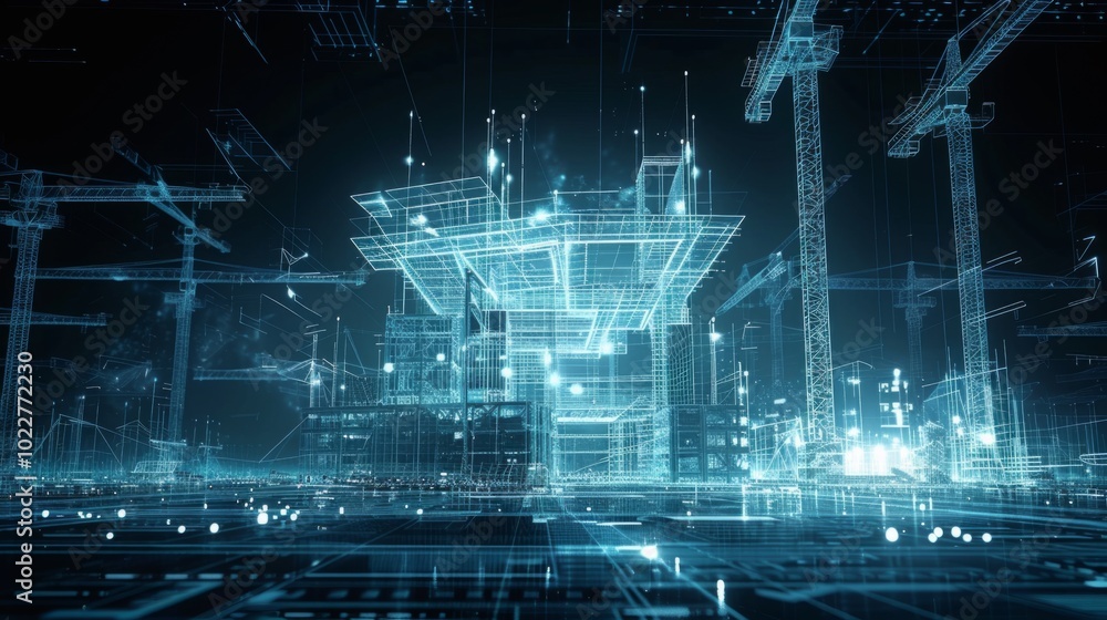 Poster a futuristic cityscape with a large building in the center