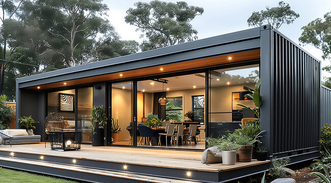 A shipping container home extension attached directly to an existing modern suburban house. positioned seamlessly against the side of the main building, clearly integrating as additional living space.