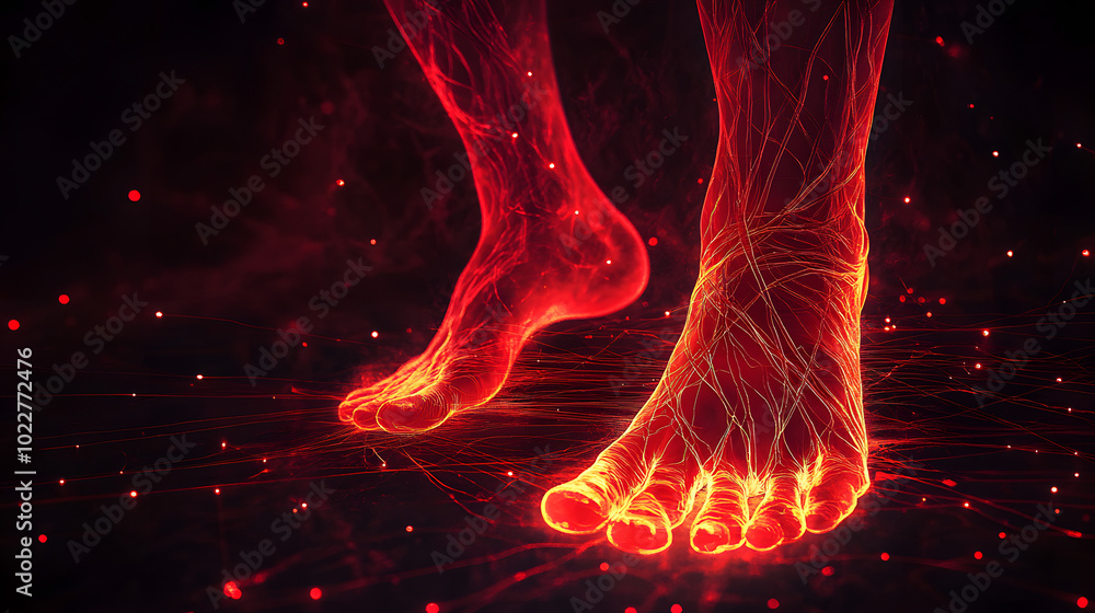 Poster glowing red nerve lines spreading from feet on dark gradient background symbolizing diabetic neuropa