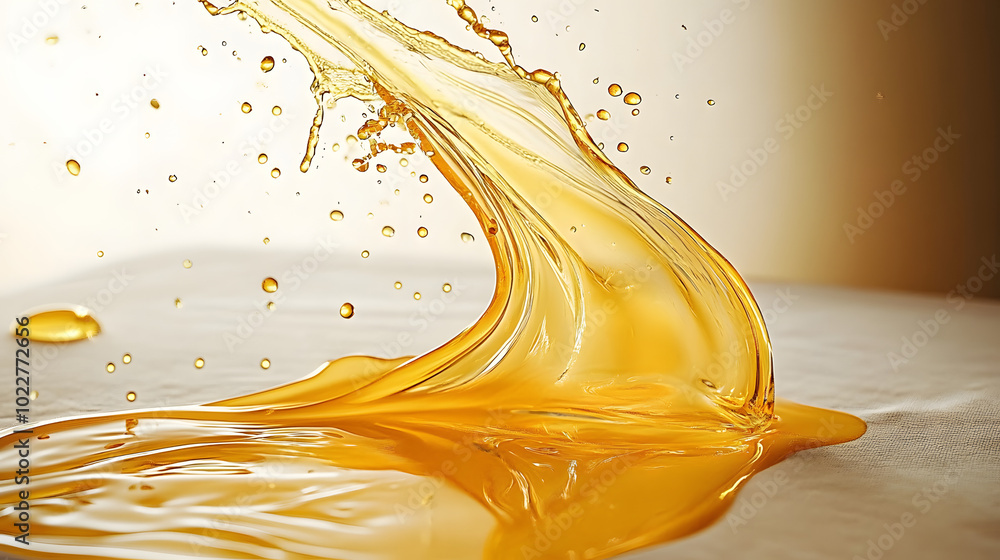 Canvas Prints A yellow liquid splashes out of the top of a bottle, staining a white tablecloth