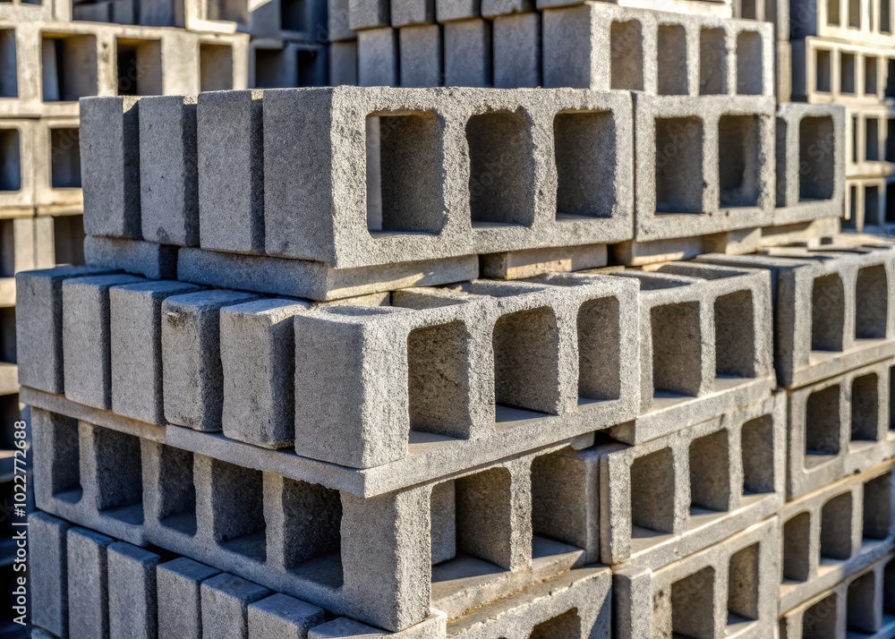 Poster stacked cinder blocks with texture and shadows ideal for construction, architecture, and industrial 