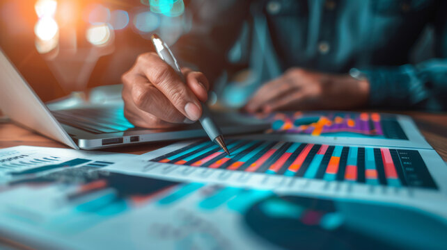 investor examines financial stability through ascending graphs symbolizing diversification and investment analysis