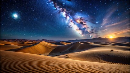 Naklejka premium Starry Night Over the Sahara Desert with Sand Dunes and a Clear Sky Illuminated by the Moonlight