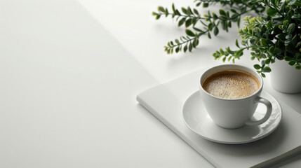Modern white office desk table with laptop, smartphone and other supplies with cup of coffee. Blank notebook page for input the text in the middle. Top view, flat lay.