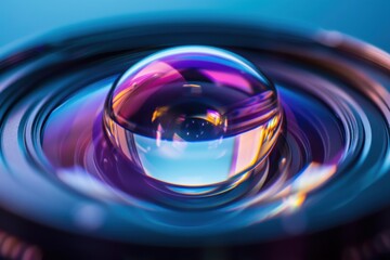Close-up view of a colorful lens with a glass orb sitting on top, capturing light and reflections, showcasing intricate details