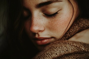 A person gently hugging themselves with closed eyes, embracing tranquility and self-love