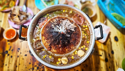 Burnt Pan, Close up of burned Thai grilled BBQ pan. Pan is full of foods stains Carcinogen and cancer. Dirty Pan