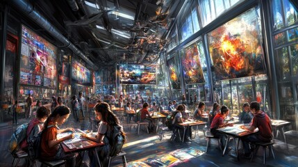 Obraz premium A vibrant indoor space with people engaged in activities surrounded by large screens and art.