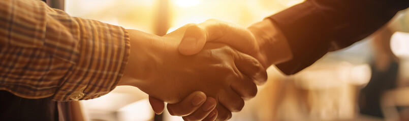 Naklejka premium Business Professionals Shaking Hands in Sunlit Office Meeting, deal-making moment captured for banner design with cinematic effect.