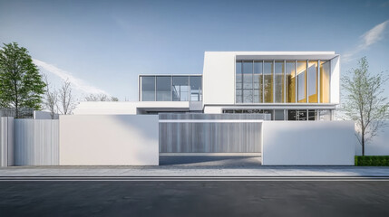 Modern architectural design of a contemporary house with large windows and a minimalist fa?ade in a suburban neighborhood