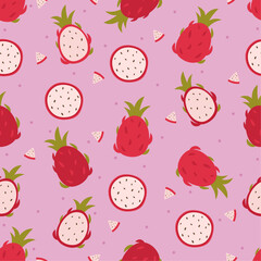 Flat dragon fruit seamless pattern vector illustration