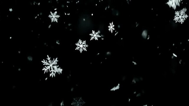 Snowflakes Falling Against Black Background in Slow Motion