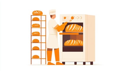 Illustration of a baker pulling fresh bread from the oven