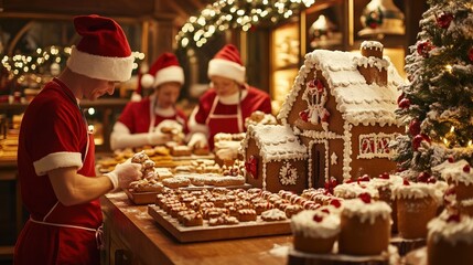 Team of Bakers Preparing Christmas Treats in a Festive Kitchen with Gingerbread Houses, Holiday Decorations, and Warm Seasonal Atmosphere