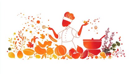 Illustration of a chef in a kitchen preparing a gourmet dish