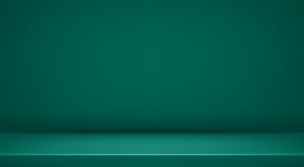 Dark green studio room. Limbo abstract background. 3d backdrop for product presentation. Minimal wall scene. Showcase, promotion display. Vector stage mockup illustration
