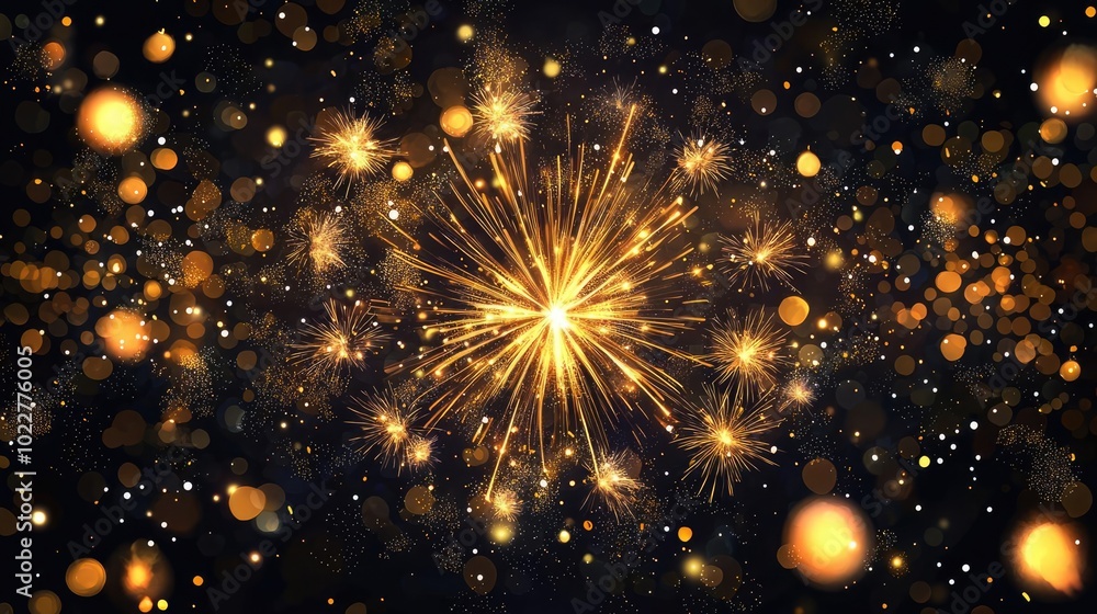 Poster stunning golden sparkler illuminating a dark background with vibrant bokeh effects, creating a festi