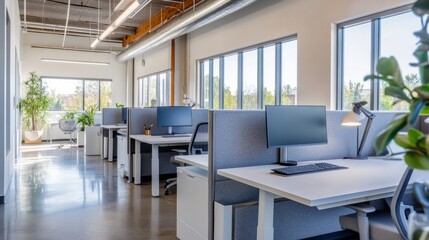 Several workstations with sleek white tables and gray upholstered booth seats are seen in this contemporary office setting. Every workstation has a desk lamp that can be adjusted and a huge display.