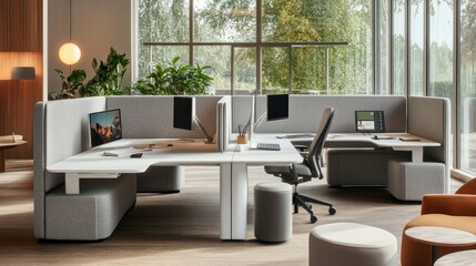 Several workstations with sleek white tables and gray upholstered booth seats are seen in this contemporary office setting. Every workstation has a desk lamp that can be adjusted and a huge display.