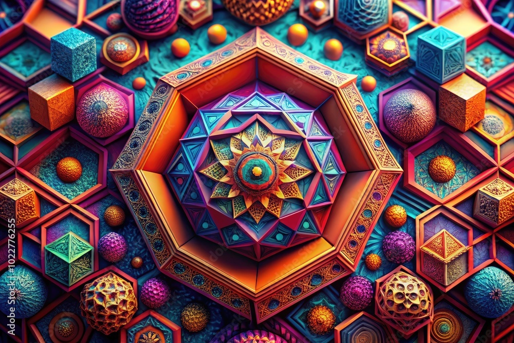 Poster stunning 4d visualization of abstract geometric shapes with vibrant colors and intricate patterns