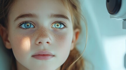 Close-up of a young girl's face during an eye exam.