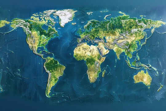 Detailed topographic map of the world showcasing continents, oceans, and diverse landscapes
