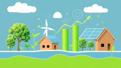 Fototapeta premium Sustainable Energy and Growth Houses with Solar Panels and Wind Turbines