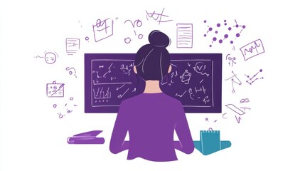 Illustration of a teacher at a chalkboard with a lesson plan