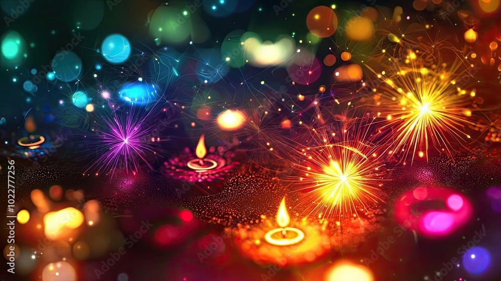 Poster a vibrant display of colorful lights and candles, creating a mesmerizing bokeh effect for festive ce