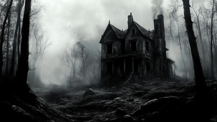 A spooky house nestled deep in the shadowy forest