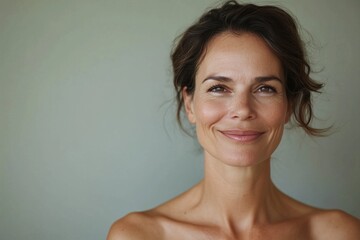 A warm portrait of a smiling  mature woman with bare shoulders against a soft background