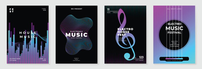Music poster design background vector set. Electro Sound Cover template with vibrant abstract gradient geometric shape and line wave. Ideal design for social media, flyer, party, music festival, club.