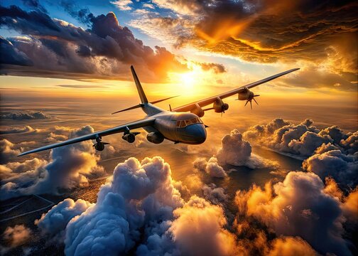 Stunning Aerial View of an AC-130 Flying Over a Dramatic Cloudy Sky at Sunset During Mission Operations