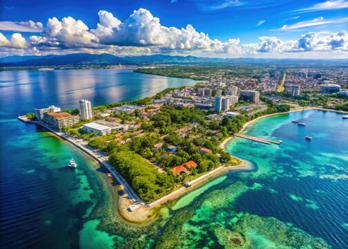 Stunning Aerial View of Cebu City and Mactan Island Under Clear Blue Skies and Serene Waters