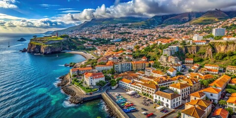 Stunning aerial view of Funchal cityscape showcasing vibrant buildings and beautiful coastal scenery