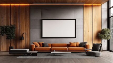 Modern living room with orange sofa, large wall art, wooden paneling, floor lamp, and indoor plants. Features minimalistic style, gray flooring, and natural light from large windows.