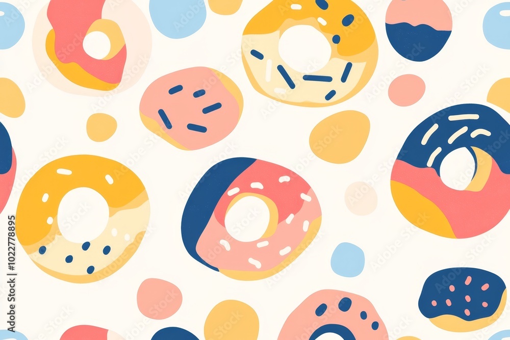 Poster colorful pattern of donuts on a white background showcasing a playful design suitable for various cr