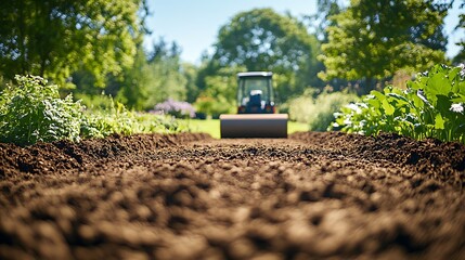 An electric-powered garden roller flattening freshly prepared soil beds in a large garden, smooth and reflective metal roller, rich brown soil texture, sunlight casting soft shadows,