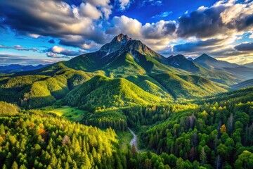 Fototapeta premium Stunning Aerial View of Mount Baldi Surrounded by Lush Green Forests and Majestic Mountain Peaks