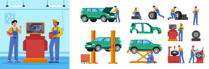 Auto repair shop icons and illustration in flat design