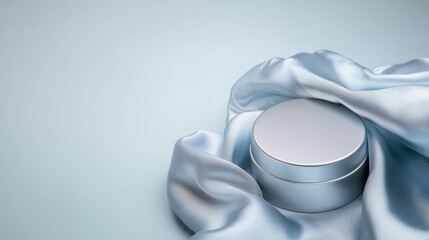 High-end silver cosmetic container, gently placed on pale blue cashmere fabric, with diffused...