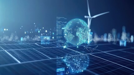Advanced interface displaying renewable energy analytics with solar panels, wind turbine, and a digital globe, highlighting sustainable energy management, 3d rendering