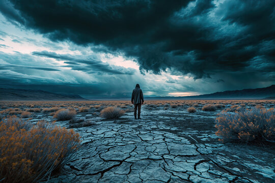 Solitary figure faces apocalyptic storm in desolate landscape, cracked earth and teal sky create dramatic scene of isolation and environmental adversity