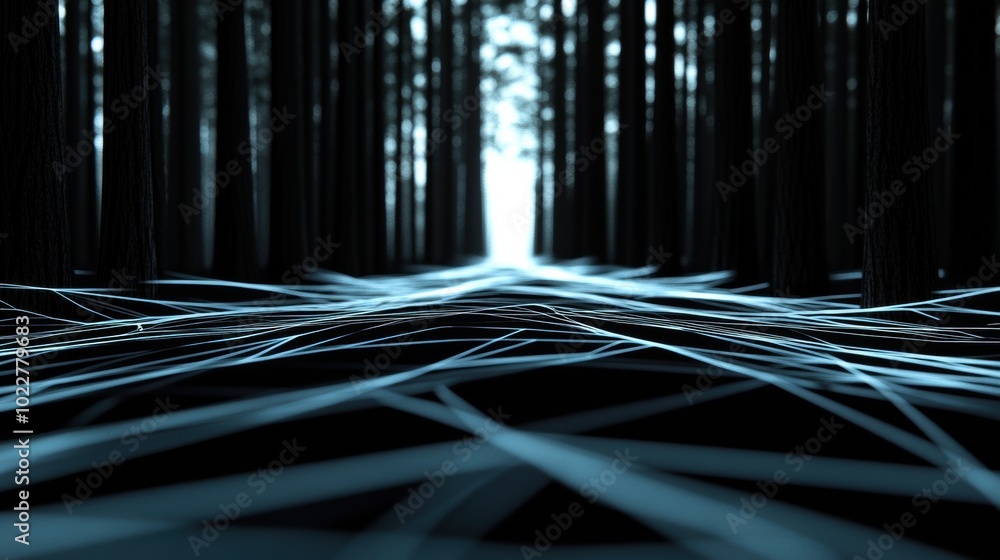 Poster mysterious forest with glowing lines creating a futuristic atmosphere, ai