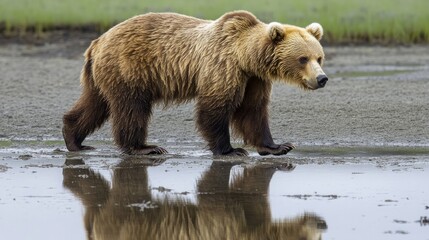 Obraz premium At the Alaskan Izembek National Wildlife Refuge, a brown bear (Ursus arctos horribilus) is seen crossing tidal flats while reflecting.