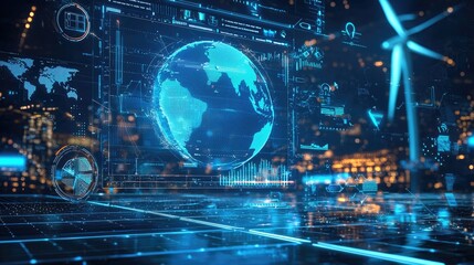 Advanced interface displaying renewable energy analytics with solar panels, wind turbine, and a digital globe, highlighting sustainable energy management, 3d rendering