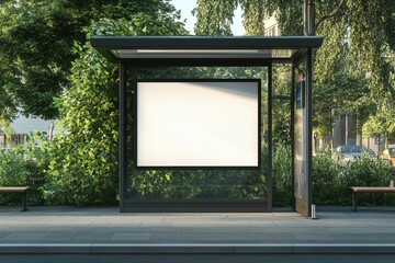 Blank billboard mockup at a bus stop surrounded by greenery during daylight