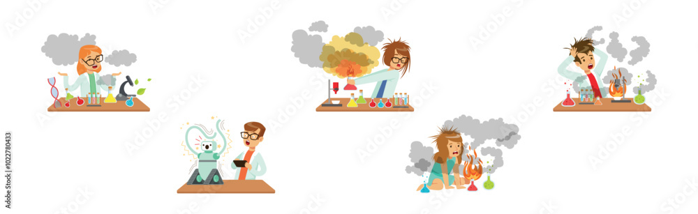 Poster boy and girl scientist kid character at table fail with test and experiment vector set
