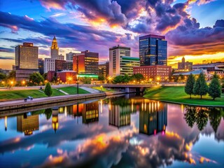 Stunning Akron Skyline at Dusk with Illuminated Buildings and Dramatic Cloudy Sky Reflections