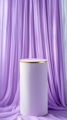 An elegant matte white podium with a gold trim, placed on deep purple chiffon fabric, with natural light creating delicate shadows for a refined, high-end display.
